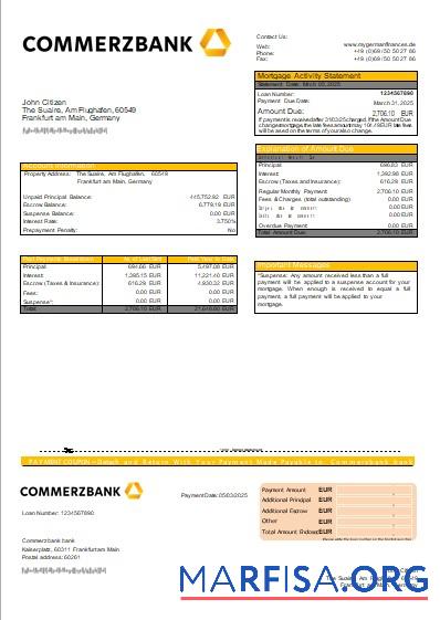 Realistic Germany Commerzbank bank mortgage statement scr sample